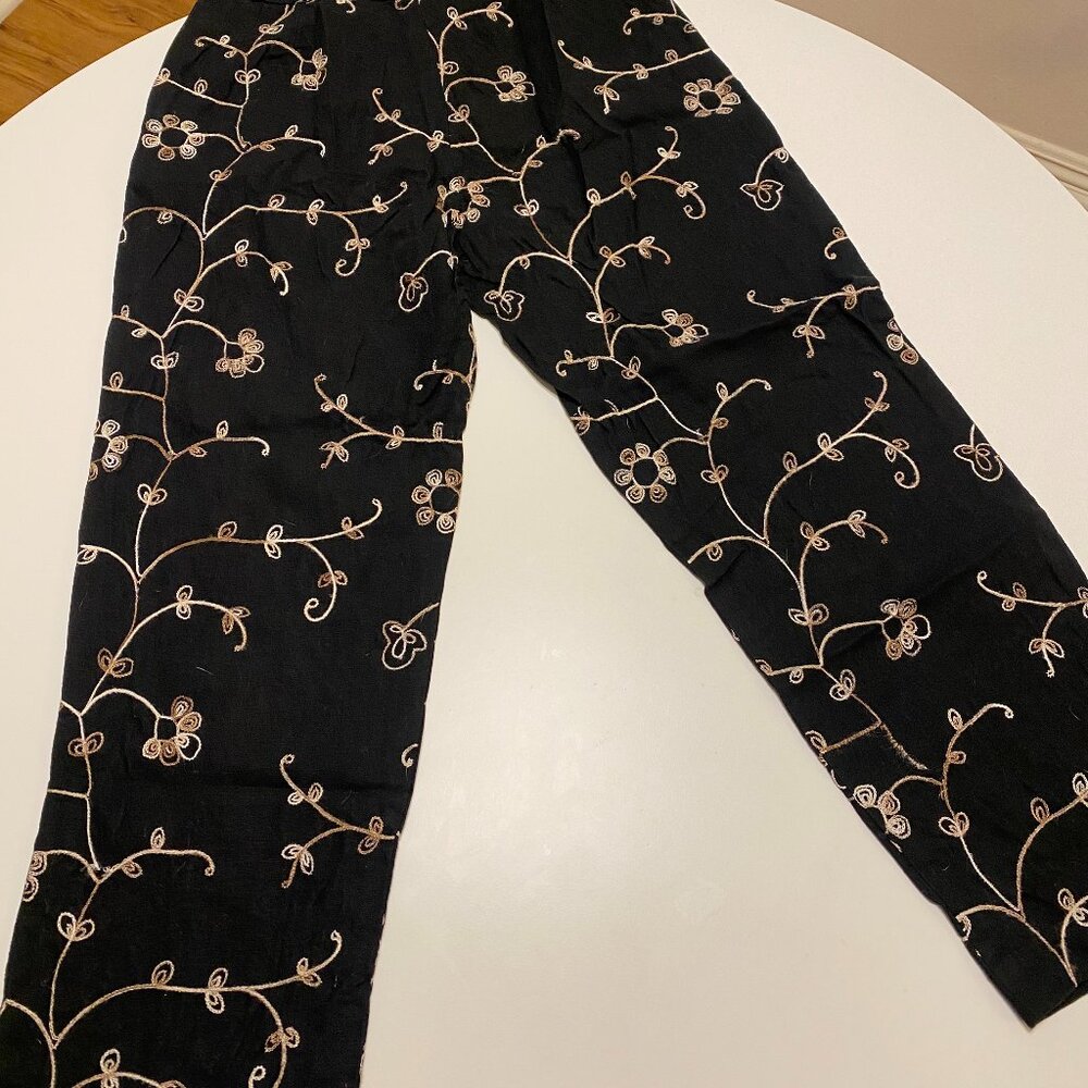 Vintage Linen Flower Embroidered Pants